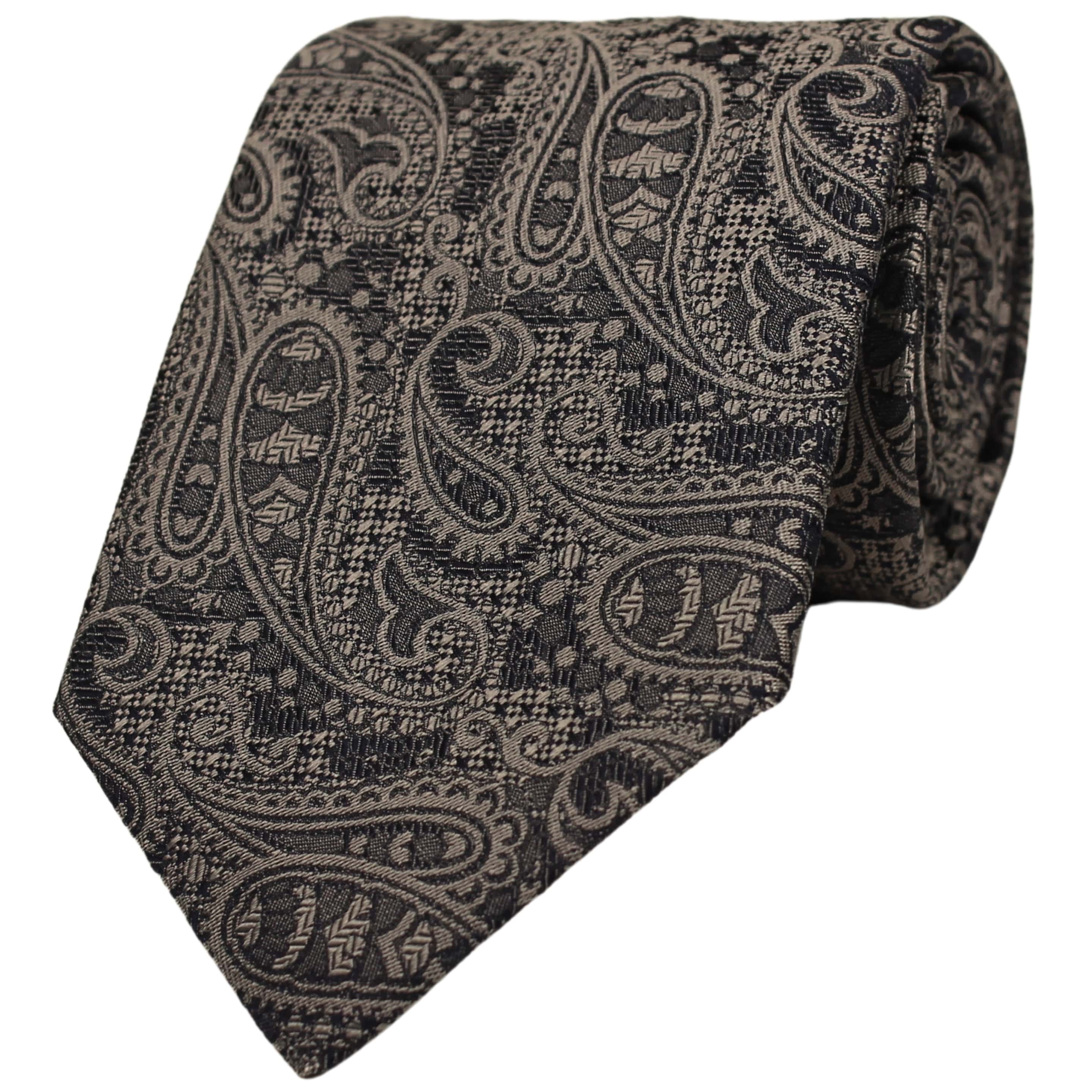 Grey Large Paisley Silk Tie